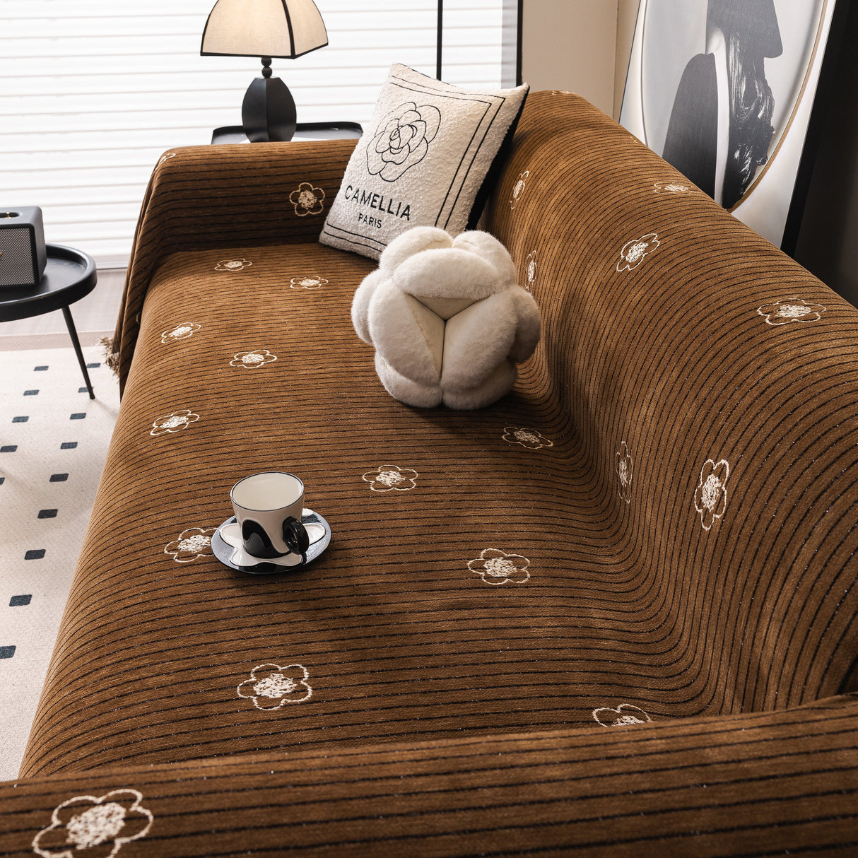 Chenille Camellia Floral Sofa Throw Cover Couch Blanket with Striped Jacquard