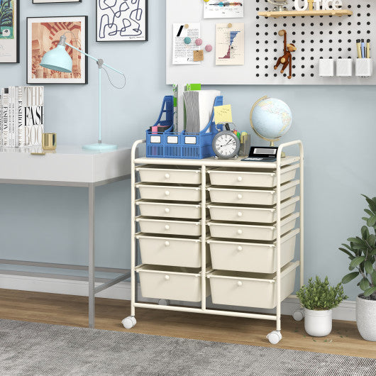 12-Drawer Rolling Storage Cart with Removable Drawers and Lockable Wheels-White