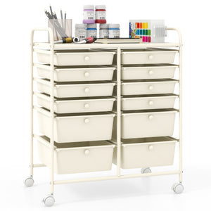 12-Drawer Rolling Storage Cart with Removable Drawers and Lockable Wheels-White