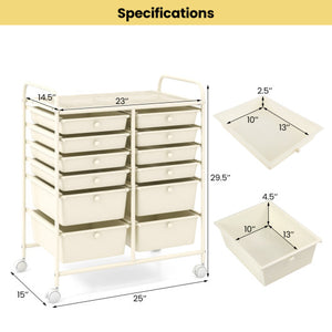 12-Drawer Rolling Storage Cart with Removable Drawers and Lockable Wheels-White