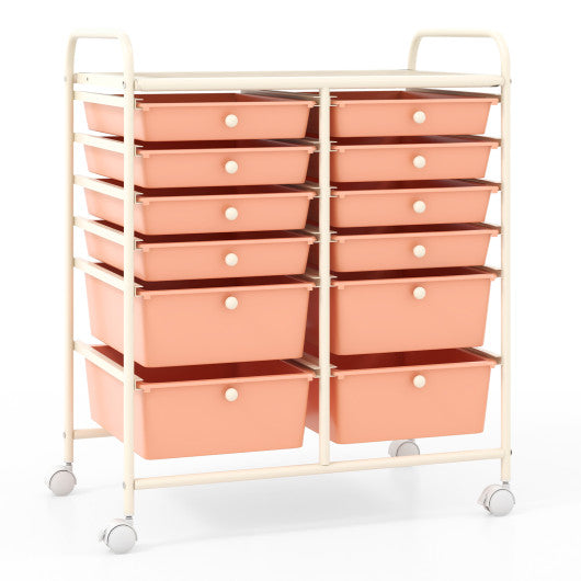 12-Drawer Rolling Storage Cart with Removable Drawers and Lockable Wheels-Peach