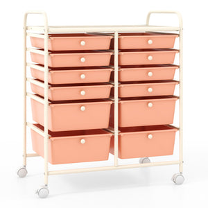 12-Drawer Rolling Storage Cart with Removable Drawers and Lockable Wheels-Peach