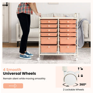 12-Drawer Rolling Storage Cart with Removable Drawers and Lockable Wheels-Peach