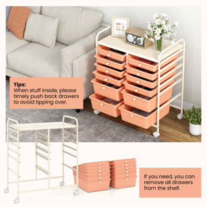 12-Drawer Rolling Storage Cart with Removable Drawers and Lockable Wheels-Peach