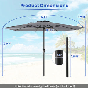 12 Feet Patio Umbrella with Crank Handle and 8 Sturdy Ribs-Gray