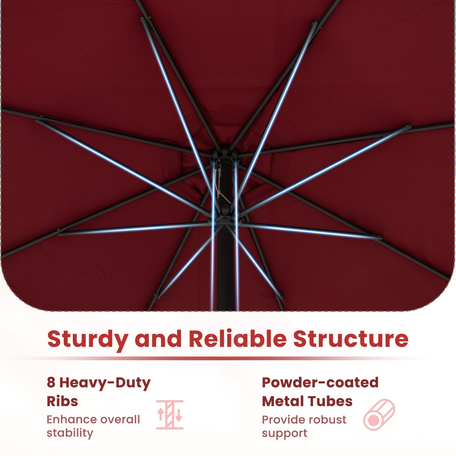 12 Feet Patio Umbrella with Crank Handle and 8 Sturdy Ribs-Red