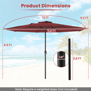 12 Feet Patio Umbrella with Crank Handle and 8 Sturdy Ribs-Red