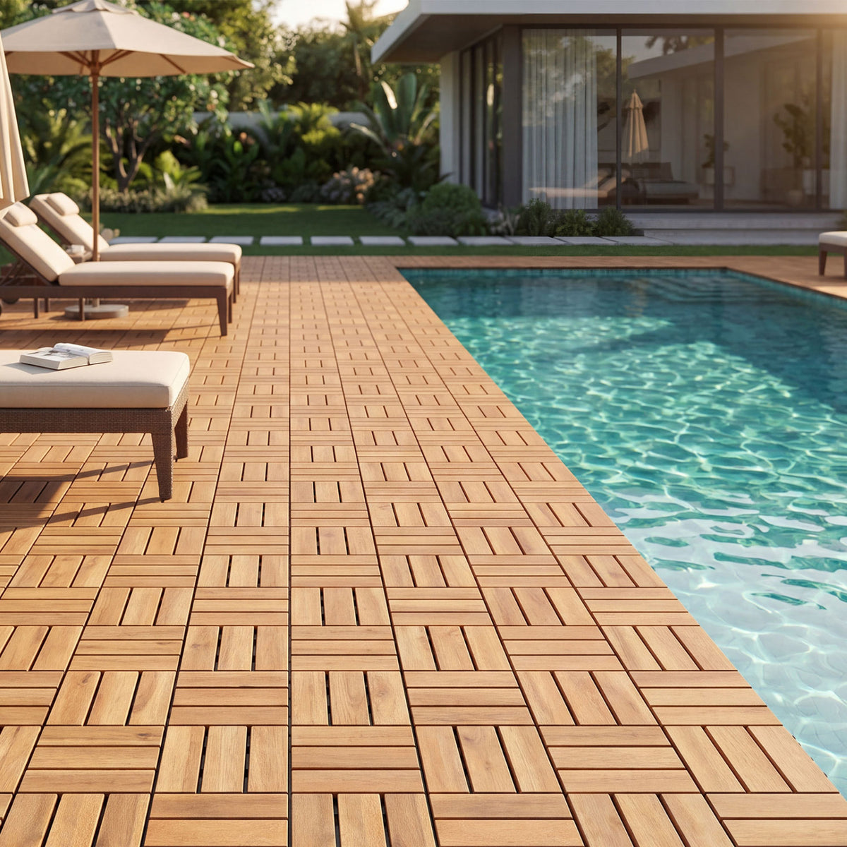12 x 12 Inch 54 Pieces Acacia Wood Interlocking Deck Tiles with Waterproof Design-Natural