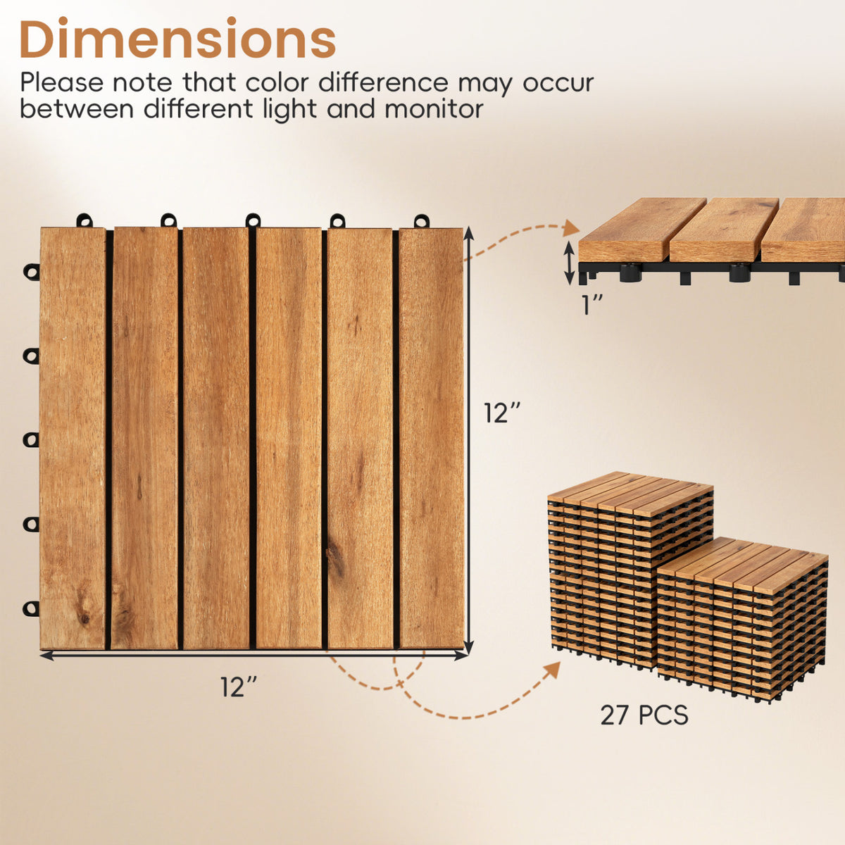 12 x 12 Inch 54 Pieces Acacia Wood Interlocking Deck Tiles-Natural