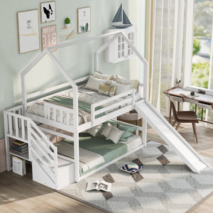 Twin Over Twin House Bunk Bed With Convertible Slide, Storage Staircase by Couch.com