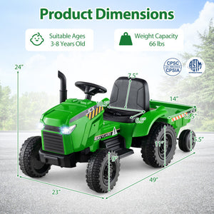 12V 2-in-1 Kids Ride On Tractor with Trailer and 3-Gear Shift-Green