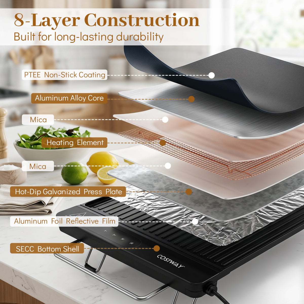 1300W Indoor Electric Grill with Removable Touch Panel-Black