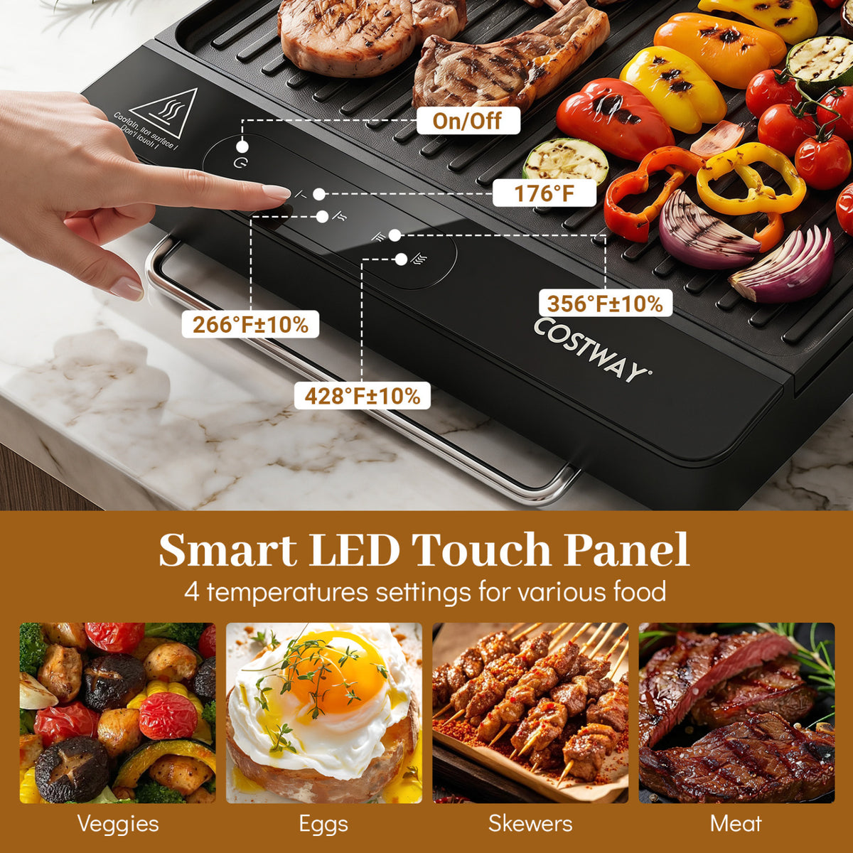 1300W Indoor Electric Grill with Removable Touch Panel-Black