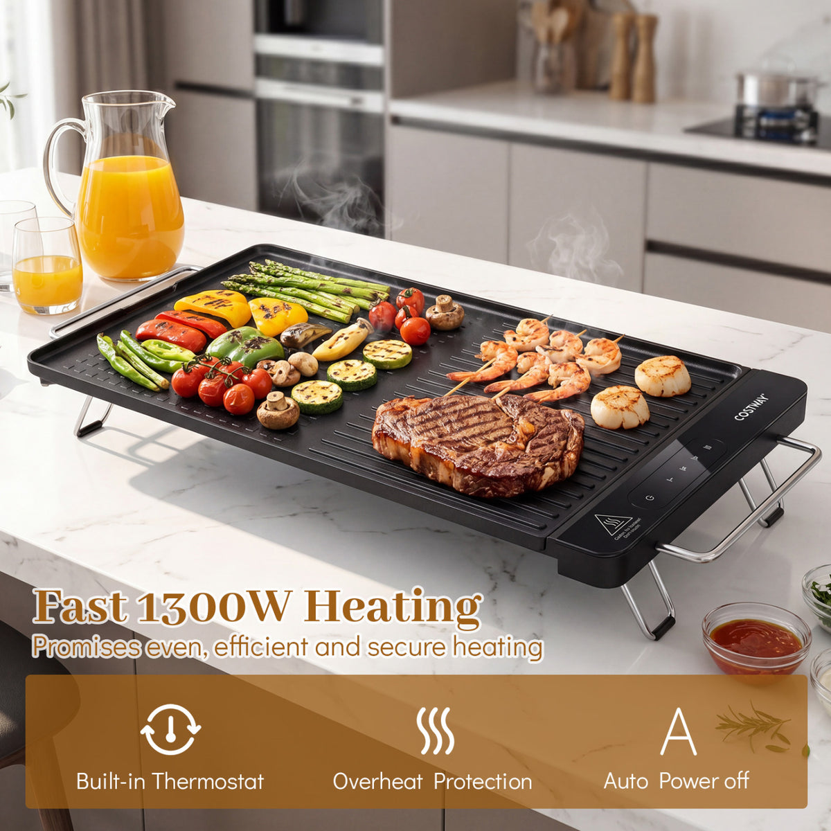 1300W Indoor Electric Grill with Removable Touch Panel-Black