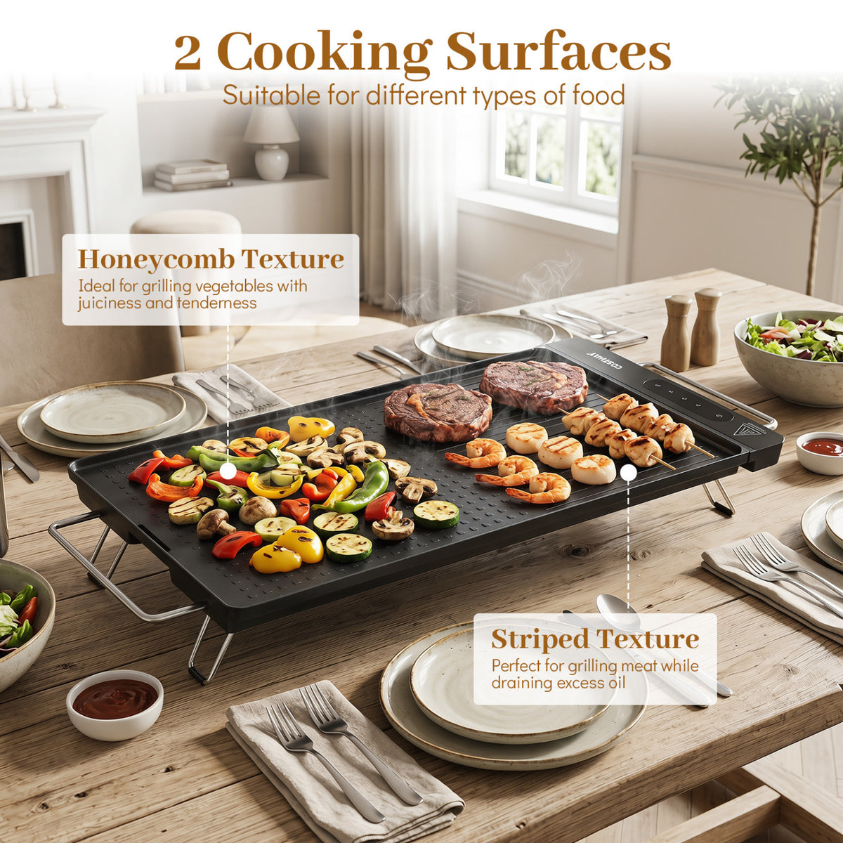 1300W Indoor Electric Grill with Removable Touch Panel-Black