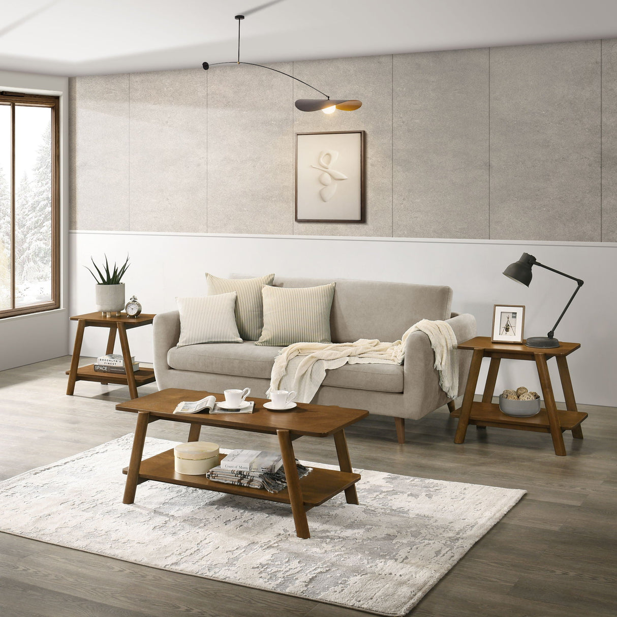 Metz - Mid-Century Modern Wood Shelf 3 Piece Coffee Table Set - Walnut by Couch.com