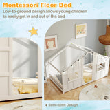 Twin Size House Bed with LED Lights Montessori Slat-free Floor Bed-Natural