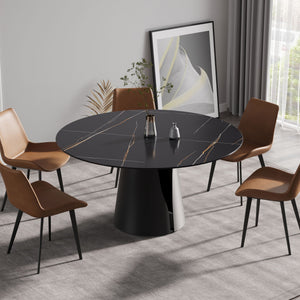 Modern Artificial Stone Round Carbon Steel Base Dining Table, Can Accommodate 6 People - Black / Gold by Couch.com