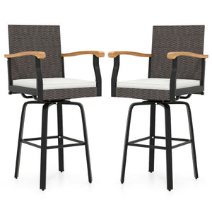Set of 2 Outdoor 360° Swivel Bar Stool with Cushion and Acacia Wood Armrests
