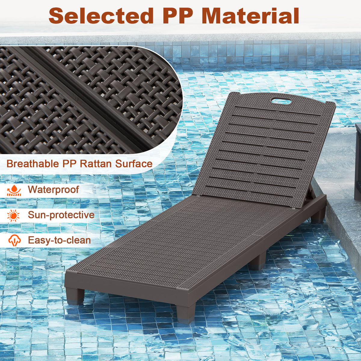 Outdoor PP Chaise Lounge Chairs Set of 2 with 4-Position Adjustable Backrests-Coffee