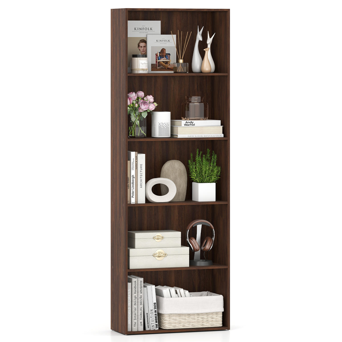 5-Shelf Storage Bookcase Modern Multi-Functional Display Cabinet Furniture-Walnut