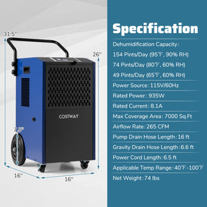 154 Pints Commercial Dehumidifier with Pump and Drain Hoses-Blue