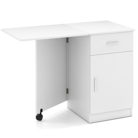 Folding Computer Desk with Drawer Mobile Home Office Desk with Cabinet-White