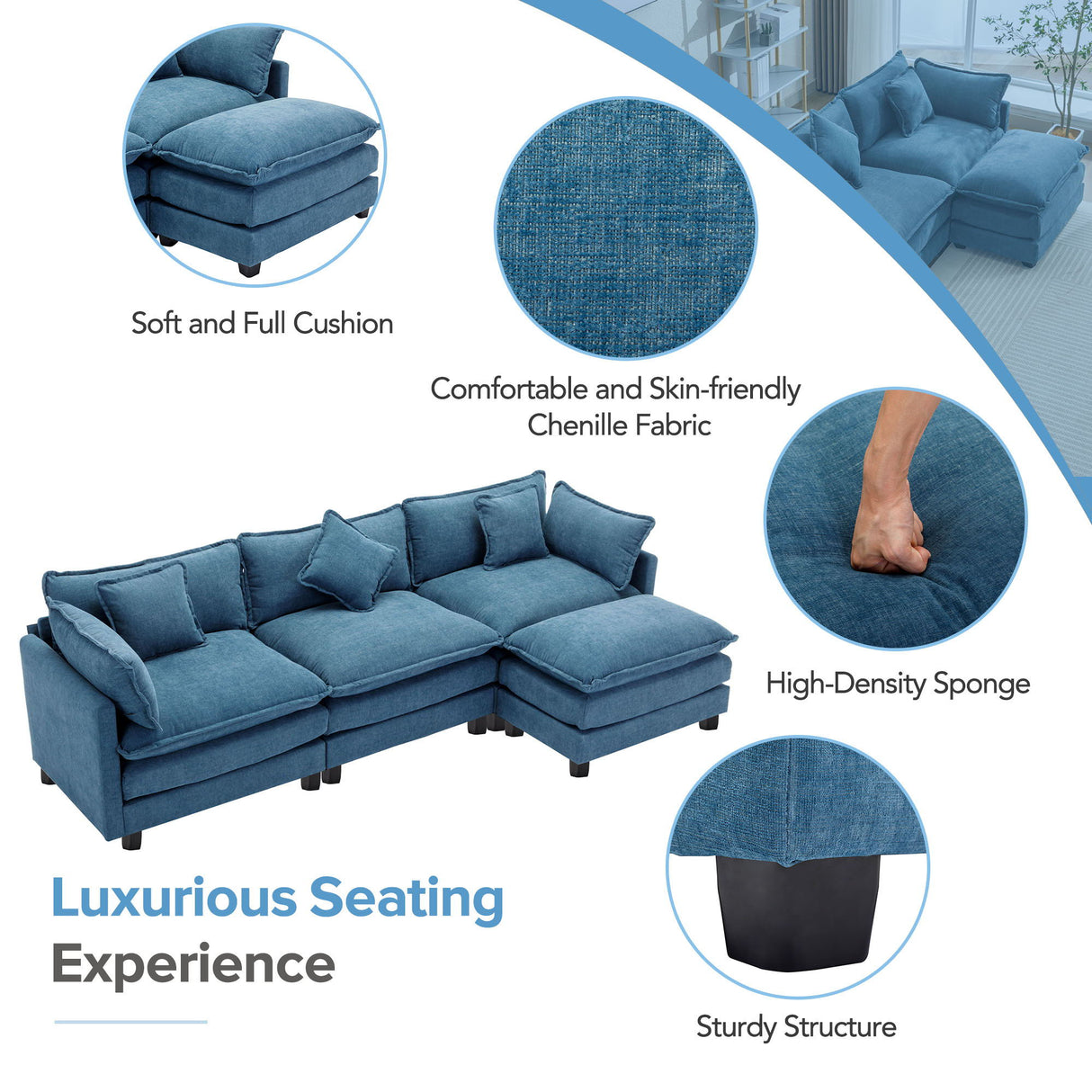L-Shape Chenille Upholstered Sofa For Living Room Modern Luxury Sofa Couch With Ottoman And 5 Pillows For Living Room by Couch.com