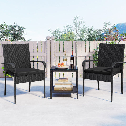 3 Piece Patio Furniture Set with Seat Cushions and Tempered Glass Tabletop-Black