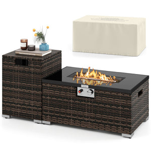 2-Piece Outdoor Rattan Fire Table Set 32 Inch Rectangle Gas Firepit with Tank Cover-Brown