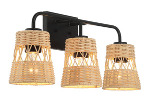The Moonlit Wall Sconce features three rattan shades, each with a bulb, set on a black metal frame. It offers a modern rustic design that combines natural materials with contemporary style, perfect for bathroom lighting over mirrors.