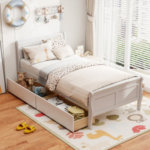 Twin Size Sleigh Bed with 2 Storage Drawers Wood Platform Bed Frame-White