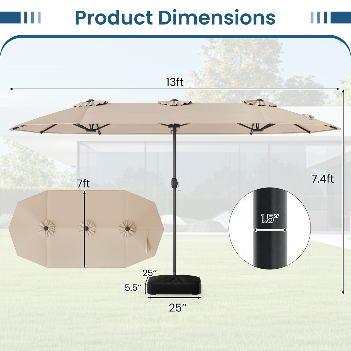 13FT Double-sided Patio Umbrella with Solar Lights for Garden Pool Backyard-Beige