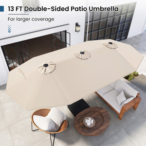 13FT Double-sided Patio Umbrella with Solar Lights for Garden Pool Backyard-Beige
