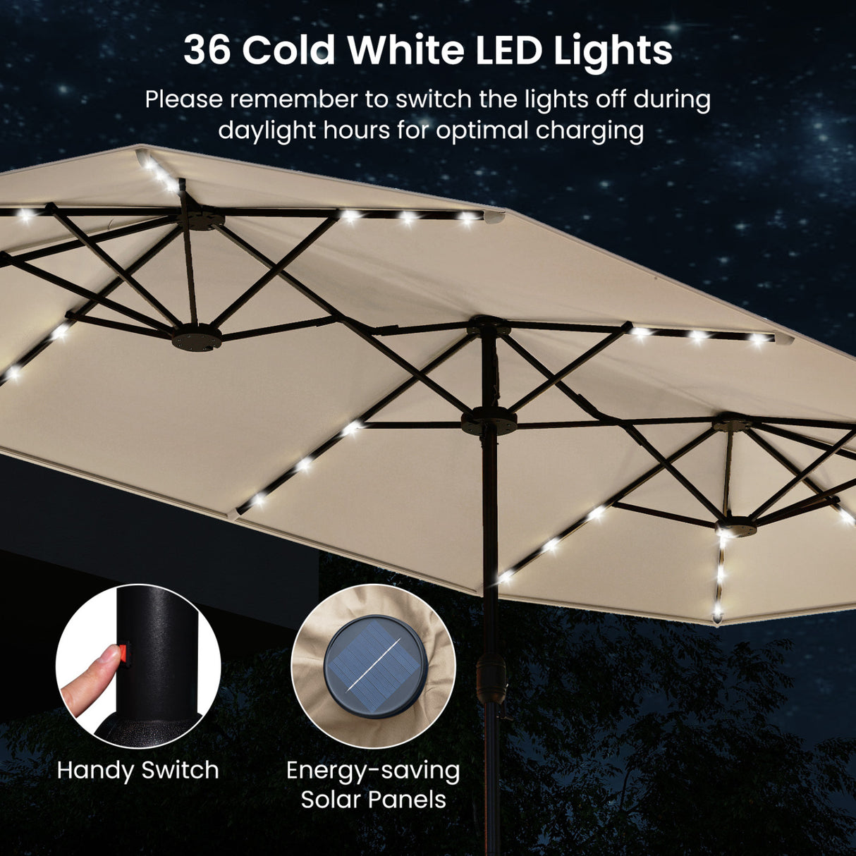13FT Double-sided Patio Umbrella with Solar Lights for Garden Pool Backyard-Beige