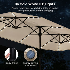 13FT Double-sided Patio Umbrella with Solar Lights for Garden Pool Backyard-Beige