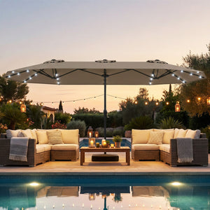 13FT Double-sided Patio Umbrella with Solar Lights for Garden Pool Backyard-Coffee