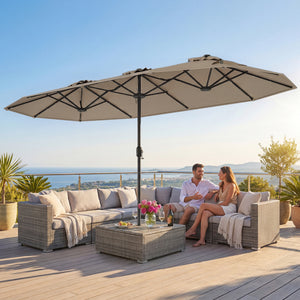 13FT Double-sided Patio Umbrella with Solar Lights for Garden Pool Backyard-Coffee