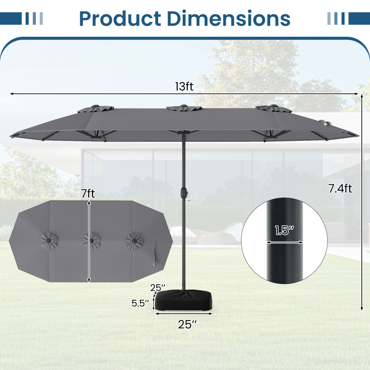 13FT Double-sided Patio Umbrella with Solar Lights for Garden Pool Backyard-Gray