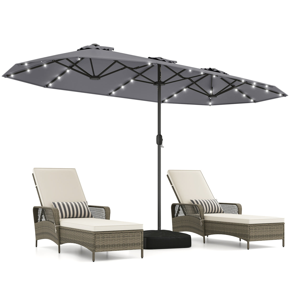 13FT Double-sided Patio Umbrella with Solar Lights for Garden Pool Backyard-Gray