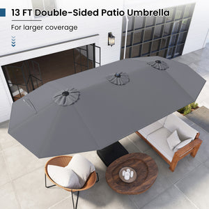 13FT Double-sided Patio Umbrella with Solar Lights for Garden Pool Backyard-Gray
