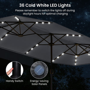 13FT Double-sided Patio Umbrella with Solar Lights for Garden Pool Backyard-Gray