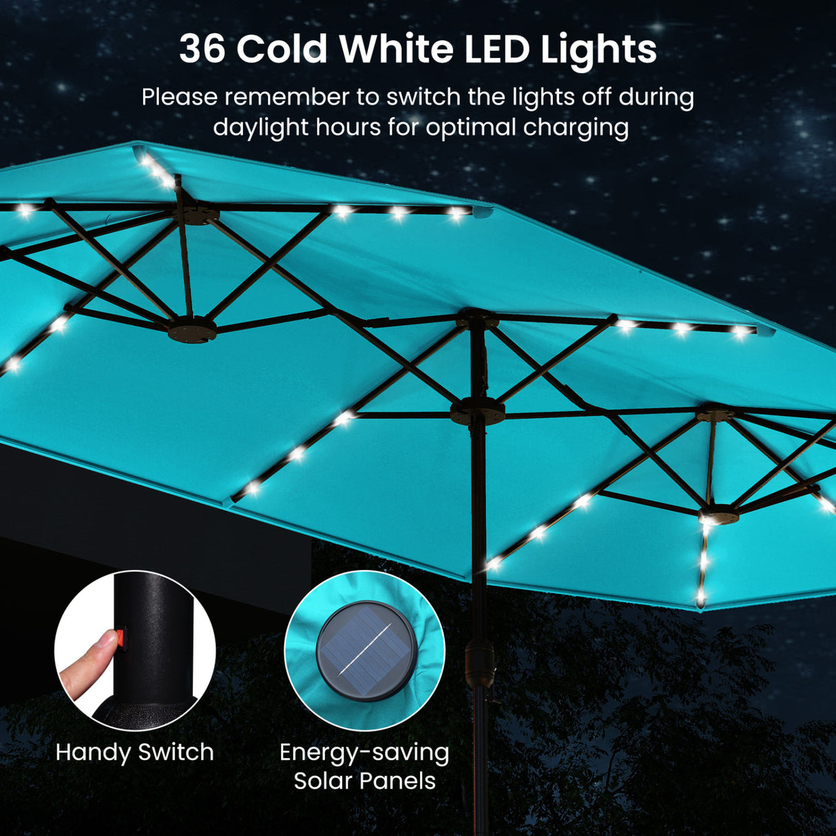 13FT Double-sided Patio Umbrella with Solar Lights for Garden Pool Backyard-Turquoise