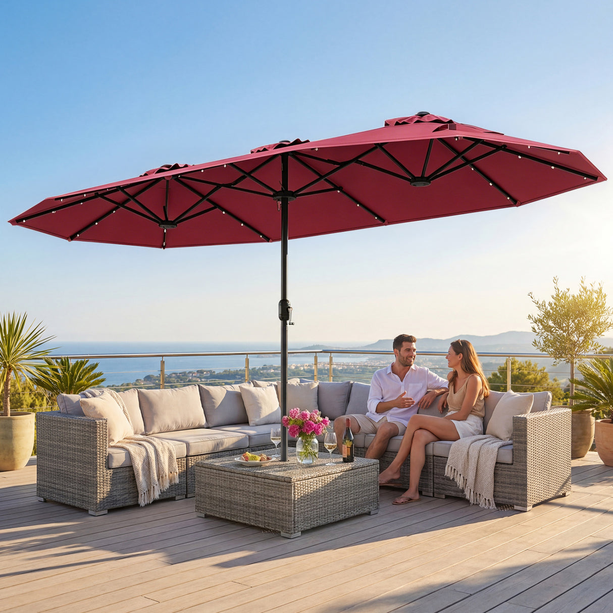 13FT Double-sided Patio Umbrella with Solar Lights for Garden Pool Backyard-Red