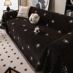 Chenille Camellia Floral Sofa Throw Cover Couch Blanket with Striped Jacquard