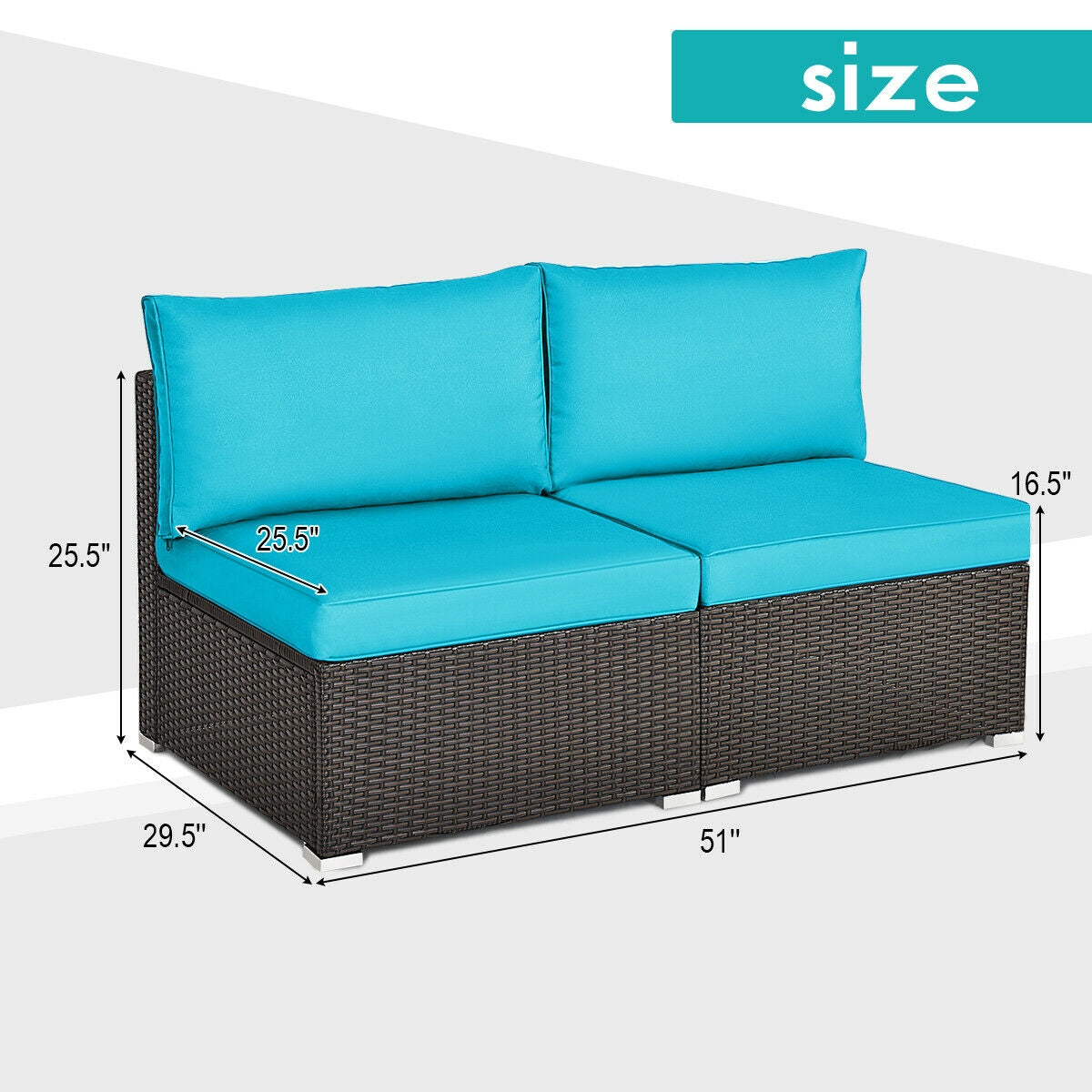 2 Pieces Patio Rattan Armless Sofa Set with 2 Cushions and 2 Pillows-Navy