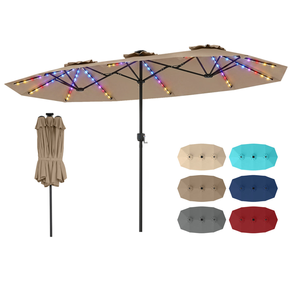 13 FT Double-Sided Patio Umbrella with Color-Changing Flowing Solar LED Lights-Brown
