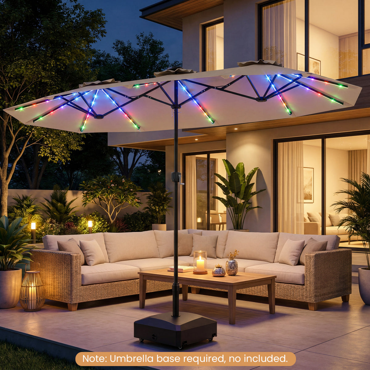 13 FT Double-Sided Patio Umbrella with Color-Changing Flowing Solar LED Lights-Brown