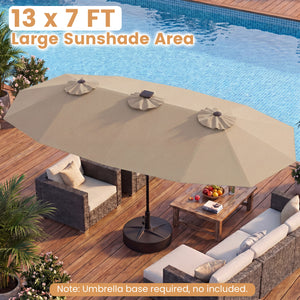 13 FT Double-Sided Patio Umbrella with Color-Changing Flowing Solar LED Lights-Brown