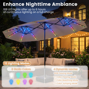 13 FT Double-Sided Patio Umbrella with Color-Changing Flowing Solar LED Lights-Brown